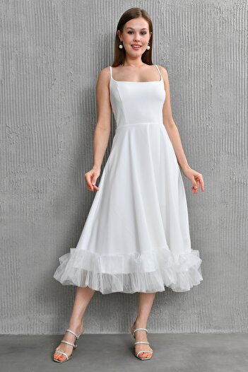 lovebox Atlas Fabric Thin Strap Skirt with Tulle Detail and Flared Cut Midi Length White Evening Dress 9326