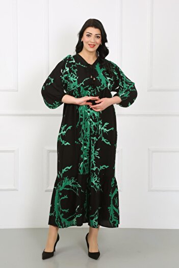 By Alba Collection Women's Khaki Patterned Lace Collar Long Sleeve Cotton Viscose Plus Size Dress