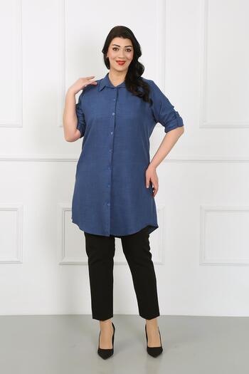 By Alba Collection Women's Navy Blue Soft Linen Large Size Tunic