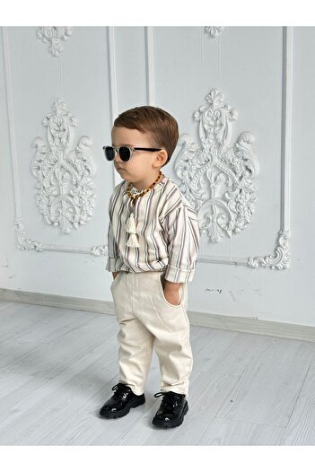 Ares Kids Fashion Light Cream Unisex Shirt and Pants Set - Striped Holiday Baby and Children's Clothing