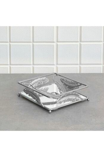 Hinora Leaf Metal Horizontal Mirrored Napkin Holder Silver Color Kite Free Napkin 17x17x6 Cm
