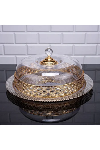 Hinora Nile Glass Plate Cake Jar Crystal Stone Mica Lid Cake Storage Container Gold