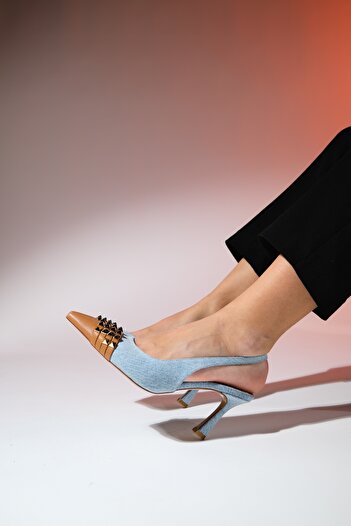 LuviShoes AELLA Kot Mavi Taba Troklu Sivri Burun Kadın Topuklu Ayakkabı