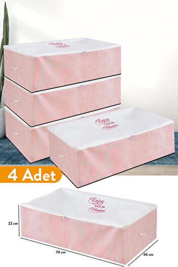 Serstil 4 Adet - Mega Boy Baza Altı Pembe Çizgili Hurç 74 x 46 x 22 cm