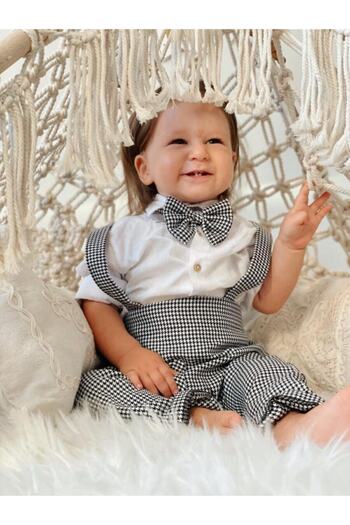 AybiKids Houndstooth Salopet White Shirt And Bow Tie Set Children's And Baby Clothing Boys Girls Holiday Gift