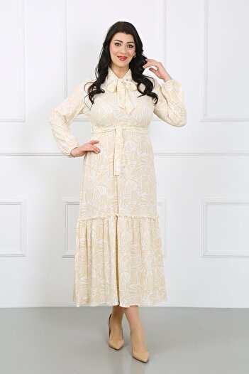 By Alba Collection Жіноче екрю плаття з коміром-стійкою, довгими рукавами, з еластичним трикотажу