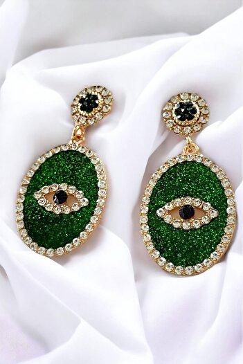 TAKIŞTIR Gold Color Green Glitter Detailed Eye Figured Jewelled Earrings (Pair)