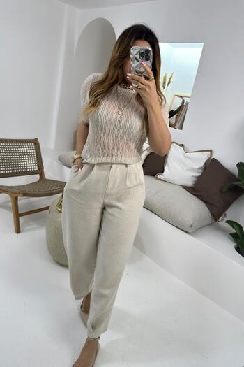 Sohotique By P Linen Textured Pleated Carrot Trousers Beige