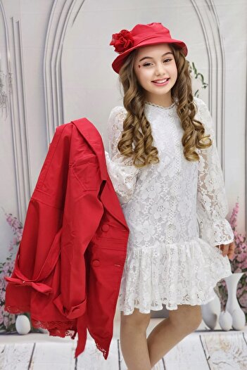 Tarz Çocuk Girl's Trench Coat Dress Hat Style Set