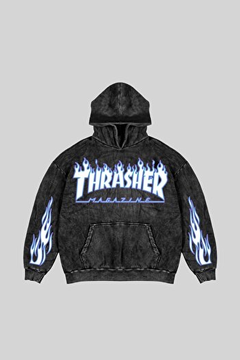 Sekizbiraltı Πλυμένο μαύρο Thrasher Flam με εμπριμέ υπερμεγέθη Unisex Hoodie
