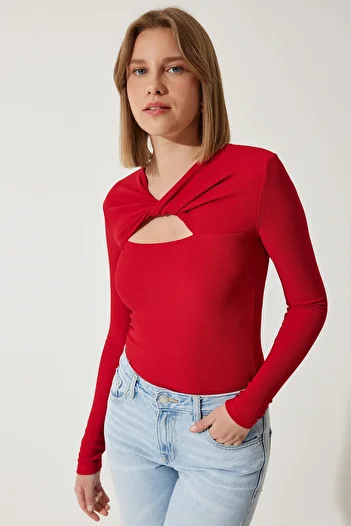 Happiness İstanbul Women's Red Cut Out Detailed Ribbed Knitted Blouse SF00005