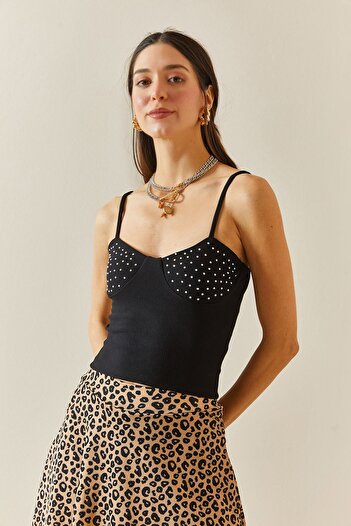 XHAN Black Stone Detailed Strappy Blouse 5YXK2-48344-02