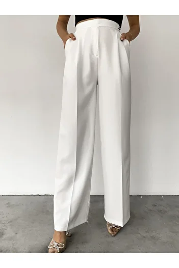 Eke Tekstil Women's White Button Detailed Woven Fabric Pleated Palazzo Trousers