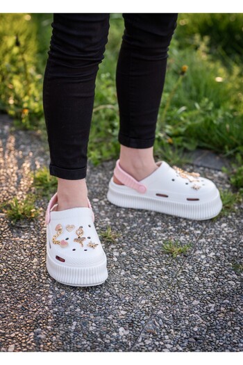 ZERDALİFE Women's White High-Sole Zenne Stone Slippers