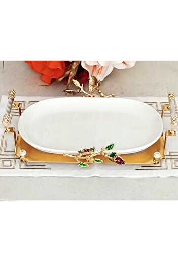 CAŞ DEKORASYON Strawberry Model Oval Porcelain Presentation Plate Serving Plate Presentation Plate-33 cm