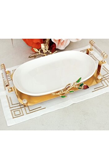 CAŞ DEKORASYON Strawberry Model Oval Porcelain Presentation Plate Serving Plate Presentation Plate-33 cm