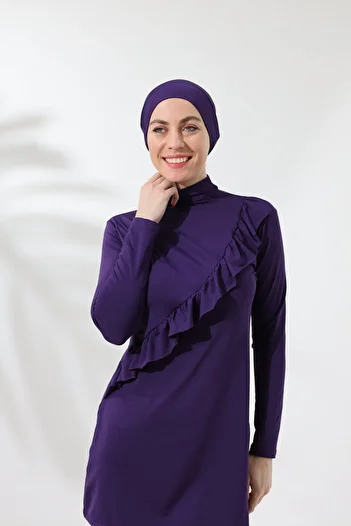 aykum Covered Purple Color Hijab Swimsuit with Long Sleeve Ruffle Knitted Stretchy Pants