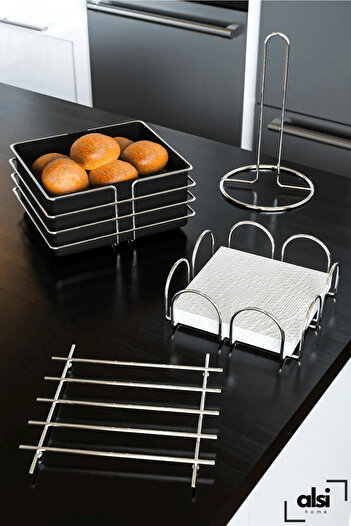 ALSİ HOME Stainless Silver Kitchen Service Presentation Set And Bread Rack Towel Holder Napkin Holder Trivet 4 Pieces