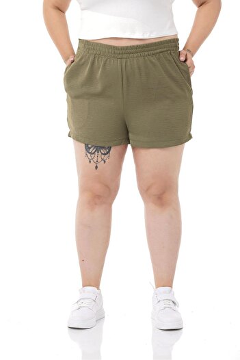DISENTIS MODEST Large Size Elastic Waist Side Pocket Khaki Shorts