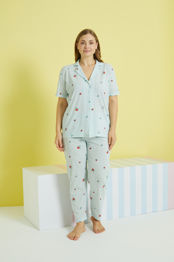 Siyah İnci multi-colored Knitted Curve Plus Size Oversize Buttoned Pajamas Set