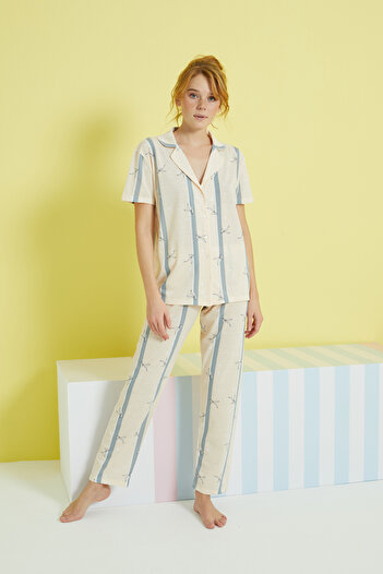 Siyah İnci multi-colored Knitted Buttoned Pajamas Set