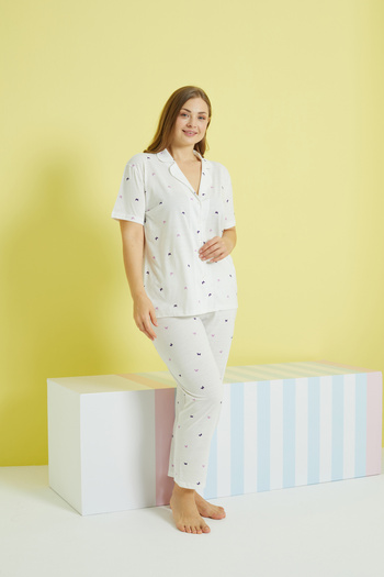 Siyah İnci multi-colored Knitted Curve Plus Size Oversize Buttoned Pajamas Set