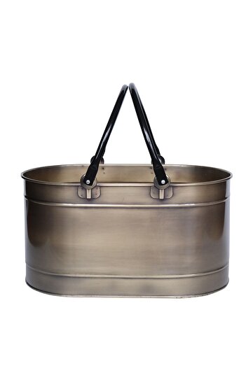 SOMINECO Metal Gold Uzun Oval  Kulplu Tasarım Şömine-Soba Odun Depolama Saklama Kovası 55x35x29 CM