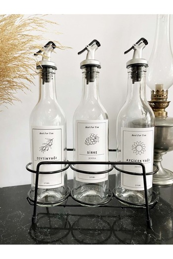 Jenisa Triple Black Metal Stand Oil Sauce Bottle Stand 375 Ml Bottle with Label - White - ST00504-White-1