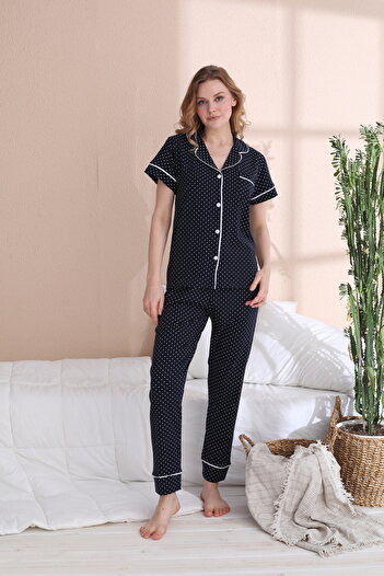 JENİKA White Polka Dot Cotton Navy Blue Buttoned White Piping 2-Piece Short Sleeve Pajamas Set