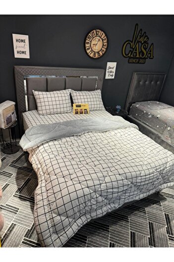 tekstildiyarı White Square Welsoft Puffy Double Quilt Set