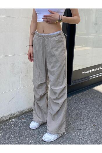 Genel Markalar Ayarlanabilir Bel Paraşüt Kumaş İnce Baggy Pantolon