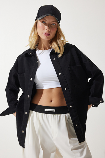 Happiness İstanbul Women's Black Oversize Gabardine Jacket with Pockets RV00176