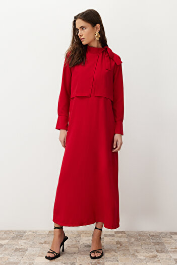Trendyol Modest Φόρεμα μπορντό υφαντό με λεπτομέρεια γραβάτας - TCTSS23EB00283