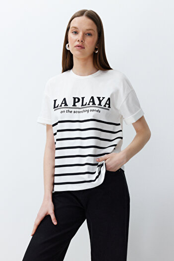Trendyol Collection Ecru Slogan and Stripe Printed Comfortable Fit T-Shirt - 100% Cotton Twoss24Ts00129