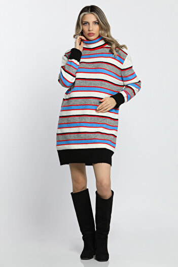 GÜLSELİ Gray Stripe Patterned Full Turtleneck Winter Knitwear Tunik