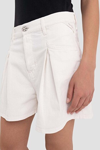 Replay Tek Pileli Denim Şort 29 / Ekru