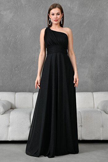 lovebox Țesătură lurex Decolteu asimetric cu un singur umăr Căptușit lungime maxi Rochie de seară neagră Rochie de absolvire 38995