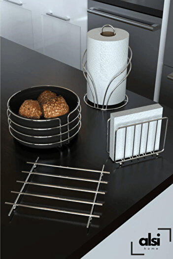 ALSİ HOME Luxury Stainless Bread Basket and Service Presentation Set Towel Holder Napkin Holder Trivet Bread Holder Set of 4