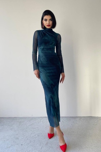 lovebox Women's Digital Printed Tulle Fabric Stand Collar Sleeves See-Through Design Tie Dye Midi Evening Dress 246