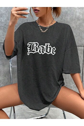 Revasser Unisex Kadın/Erkek BABE Renkli Özel Baskılı Oversize Pamuk Bisiklet Yaka Penye T-Shirt