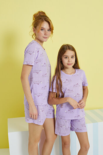 Siyah İnci Lilac Multicolor Knitted Shorts Set
