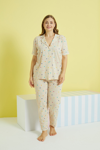 Siyah İnci multi-colored Knitted Curve Plus Size Oversize Buttoned Pajamas Set