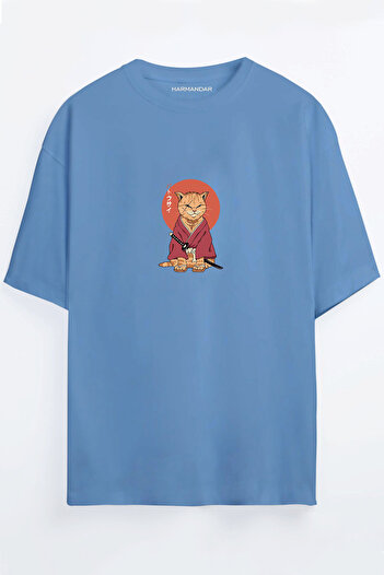 Harmandar Μπλουζάκι Anime Samurai Cat Printed Unisex Μαύρο - Λευκό Oversize