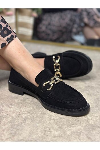 Nstil Daily Women's Black Suede Loafer Moccasin Classic Low Heel Chain Oval Toe Shoes 150