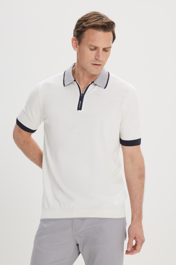 ALTINYILDIZ CLASSICS Erkek Ekru Standart Fit Normal Kesim %100 Pamuk Fermuarlı Polo Yaka Triko Tişört