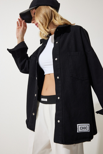 Happiness İstanbul Women's Black Oversize Gabardine Jacket with Pockets RV00176