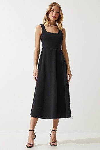 Happiness İstanbul Rochie de damă neagră cu guler pătrat în linie A DK00169