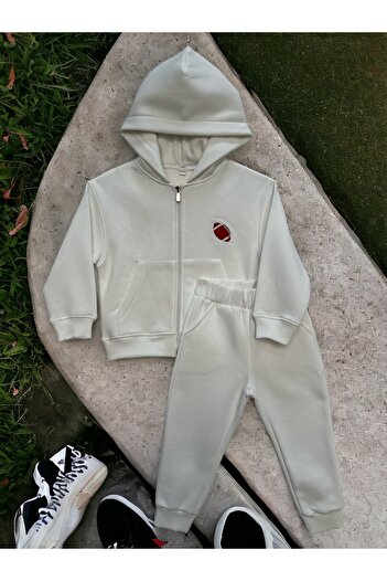 DGK COLLECTİON Soft Zippered Hooded Boys' 2-Piece Set with Soccer Ball Embroidery Detail