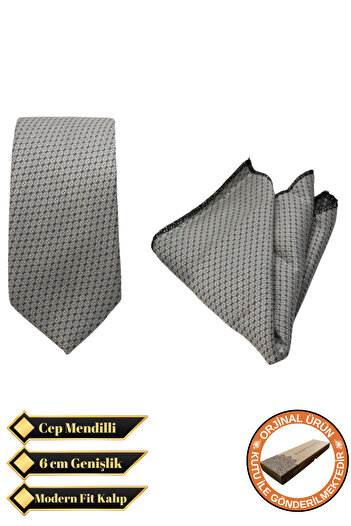 Elegante Cravatte White Color Checkered Pattern Cotton Fabric Tie and Pocket Handkerchief