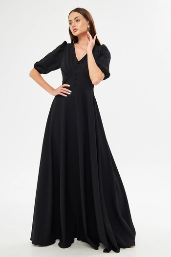 lovebox Flexible Fabric V-neck Fitted at the Waist Button Detailed Maxi Length Flared Plus Size Black Evening Dress 422
